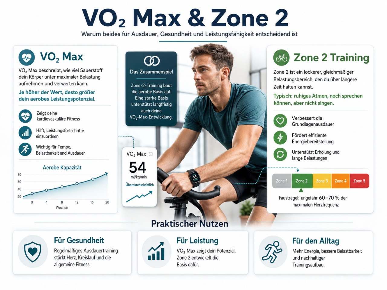 Infografik über VO2max, Zone 2 Training und den Zusammenhang mit Sterberisiko